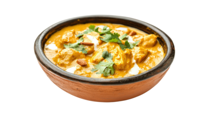Chicken curry in a rustic bowl isolated on a transparent background
