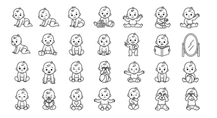 A delightful collection of 28 handdrawn icons featuring adorable babies in various poses and expressions, the icons are simple and clean