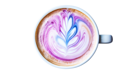 Coffee latte art with purple blue swirls isolated on a transparent background