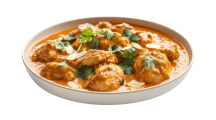 Chicken curry with almonds and cilantro isolated on a transparent background
