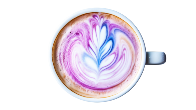 Coffee latte art with purple blue swirls isolated on a transparent background