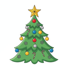 A vibrant cartoon illustration of a festive green Christmas tree adorned with colorful ornaments, candy canes, snowflakes, and topped with a golden star.