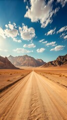 Naklejka premium Long Desert Road Leading To Distant Mountains Under Blue Sky Epic Travel Landscape Scene Vast Horizo