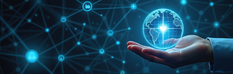 Human hand holds glowing blue digital Earth globe. Network lines, dots connect continents on world map. Bright heart symbol highlights global healthcare. Image shows tech, data sharing, medical