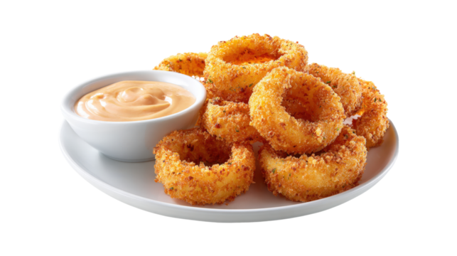 Crispy golden onion rings with dipping sauce isolated on a transparent background
