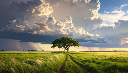 Dramatic sky over a solitary tree in a golden field with storm brewing ahead