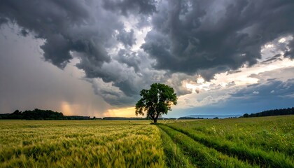 Dramatic storm clouds over a field with a single tree creating an impactful landscape