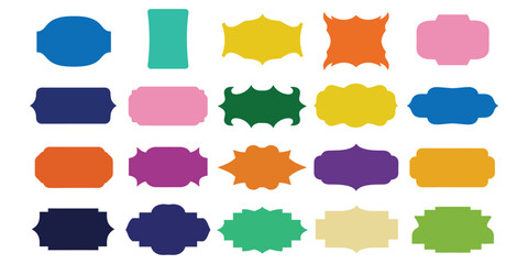 Collection of colorful decorative blank labels and badges in various unique shapes and designs for graphic design