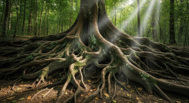 Magnificent ancient tree with sprawling roots in lush forest, sunlight filtering through the canopy, creating a serene and magical atmosphere, perfect for nature lovers