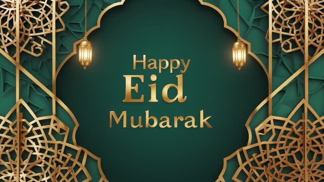 A festive dark green and gold "Happy Eid Mubarak" greeting with intricate Islamic patterns and lanterns.