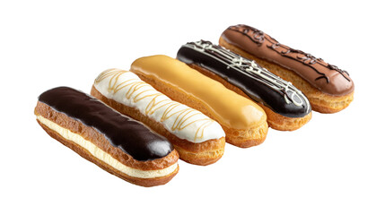 Five eclairs with assorted toppings isolated on a transparent background