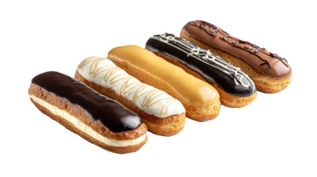 Five eclairs with assorted toppings isolated on a transparent background