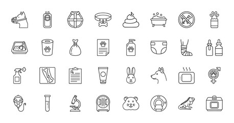Veterinary pet care line icon set. Vector pictograms of muzzle, carrier, collar, bath, litter box, x-ray, microscope, rabbit, dog, hamster, iguana, thin linear illustration.