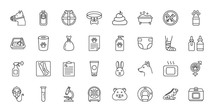 Veterinary pet care line icon set. Vector pictograms of muzzle, carrier, collar, bath, litter box, x-ray, microscope, rabbit, dog, hamster, iguana, thin linear illustration.