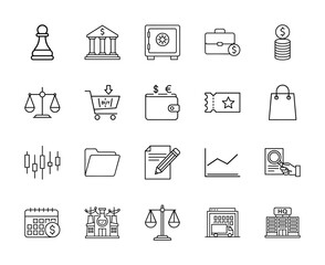 Financial and commercial line icon set. Vector pictograms of bank, safe, briefcase, coins, scales, shopping cart, wallet, charts, and business buildings, thin linear illustration.