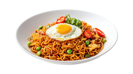 Fried egg on noodles with vegetables isolated on a transparent background