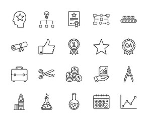 Business and academic success line icon set. Vector pictograms of innovation, strategy, certificates, finance, science, analysis, and quality, thin linear illustration.