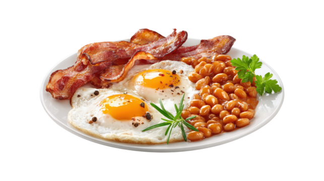 Fried eggs bacon and baked beans isolated on a transparent background