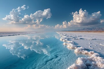 A large body of water with clouds reflected in the water