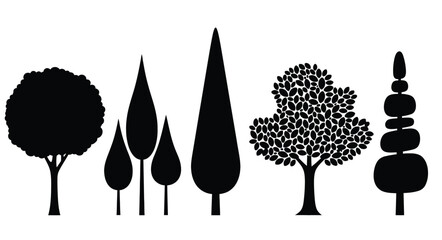 Collection of diverse tree silhouettes in various shapes and sizes against a white background