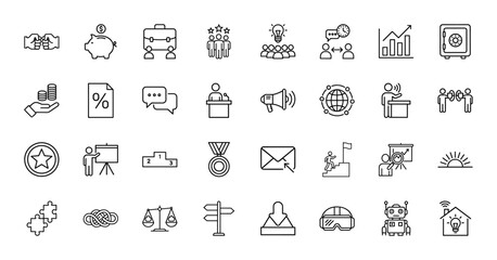 Business, finance, and technology line icon set. Vector pictograms of handshake, money, briefcase, team, ideas, charts, communication, and strategy, thin linear illustration.