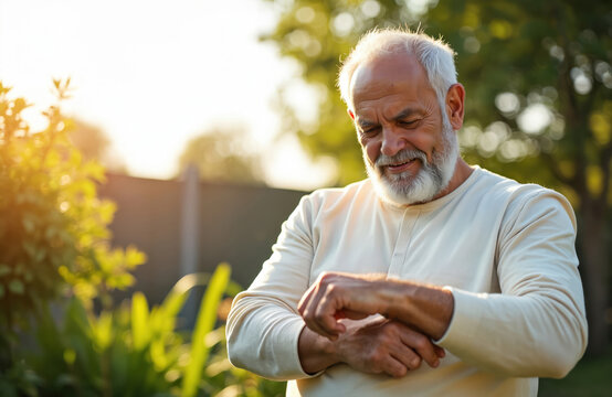 Senior man checks health data on watch in garden. Male uses wearable tech device outdoors. He monitors fitness with modern smart watch. Person smiling in nature setting surrounded by green bushes.