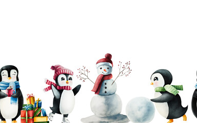 Seamless border with Cute smiling penguins wearing a green, blue scarf with Snowball for making snowman. Christmas north animal, watercolor hand painted illustration isolated on background. For