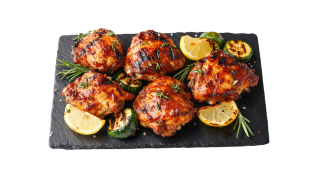 Grilled chicken thighs with zucchini and lemon isolated on a transparent background 1