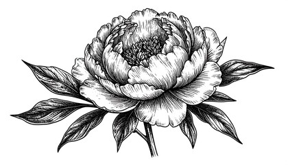 Elegant monochrome peony blossom illustration with detailed line work on white background
