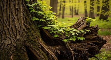 Discover serene woodland scenery featuring a majestic mossy tree trunk and vibrant green foliage, perfect for nature blogs, eco-tourism promotions and wellness