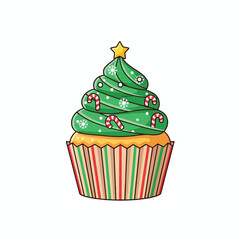 A festive Christmas tree cupcake with green frosting, candy canes, snowflakes, and a star on top.