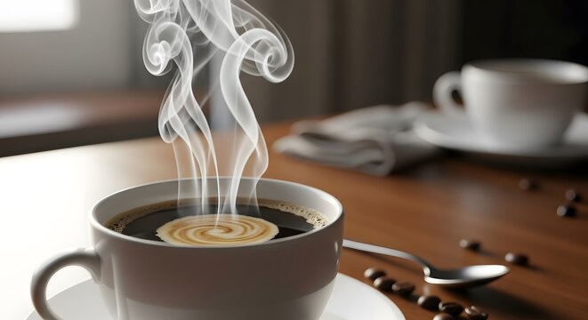 A steaming cup of coffee with visible swirls and coffee beans scattered on a wooden table surface - Powered by Adobe