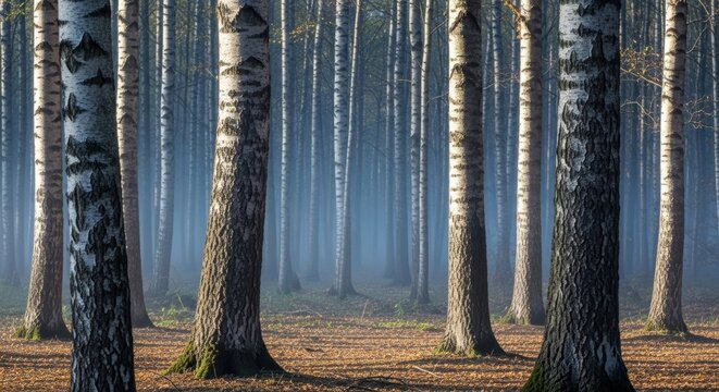 Enchanting birch forest with misty atmosphere and golden leaves creating a tranquil nature scene perfect for meditation and peaceful backgrounds