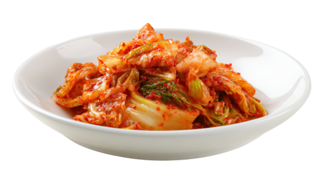 Kimchi in white bowl isolated on a transparent background