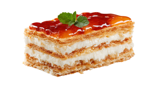 Layered pastry with cream and fruit topping isolated on a transparent background