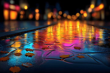 Colorful Night Reflections on Rainy City Street