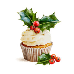 My Watercolor illustration, Christmas cupcake with cream and holly be painting isolated on a white background, illustration, simple painting design, vector set, eps format design, watercolor style set