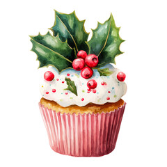 My Watercolor Christmas cupcake painting isolated on a white background, illustration, simple painting design, vector set, eps format design, watercolor style set