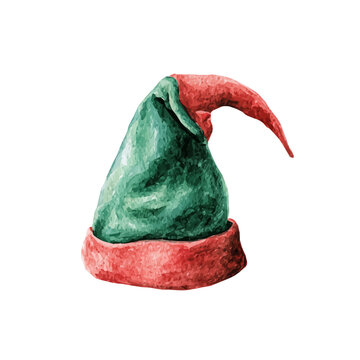 My Watercolor Christmas elf hat in green painting isolated on a white background, illustration, simple painting design, vector set, eps format design, watercolor style set