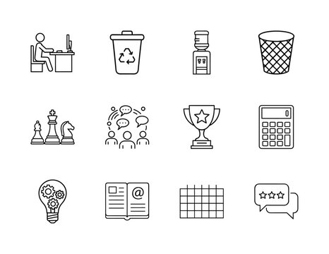 Business and office line icon set. Vector pictograms of worker, recycling, water cooler, chess, chat, trophy, calculator, and idea, thin linear illustration.