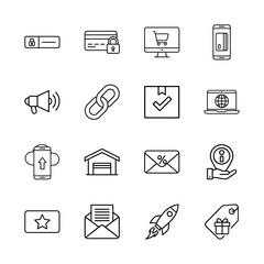 E-commerce and marketing line icon set. Vector pictograms of login, credit card, shopping cart, megaphone, delivery box, laptop, warehouse, email, rocket, and price tag, thin linear illustration.
