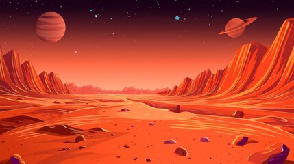 Illustration cartoon background of mars panorama. Animation background.