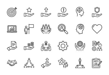 Fototapeta premium Business strategy and development line icon set. Vector pictograms of target, growth, teamwork, analytics, finance, leadership, and planning, thin linear illustration.