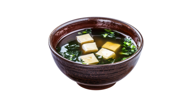 Miso soup with tofu and seaweed isolated on a transparent background