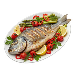 Whole Grilled Dorado Fish Served on White Oval Plate with Asparagus Cherry Tomatoes Lemon Slices and Red Pepper Slices