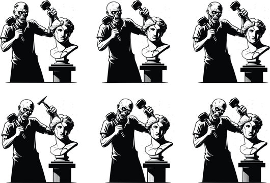 Sculptor chiseling female bust, classical art process, black and white vector illustration, hammer and chisel, artistic creation, craftsmanship, sculpture sequence