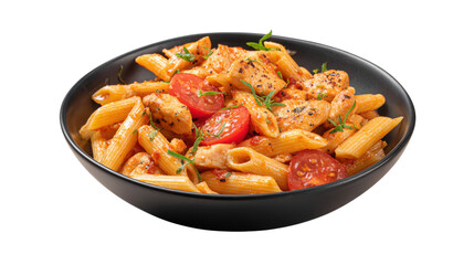 Penne pasta with chicken and tomatoes isolated on a transparent background