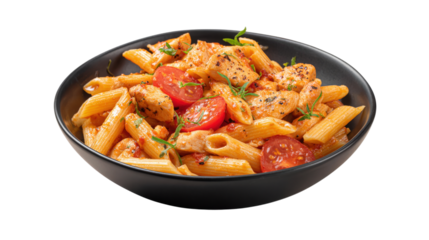 Penne pasta with chicken and tomatoes isolated on a transparent background