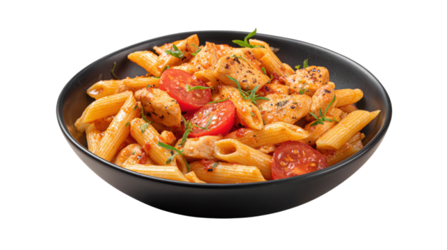 Penne pasta with chicken and tomatoes isolated on a transparent background