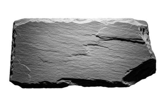 A rough, dark gray slate stone with a textured surface and irregular edges, isolated on a pure transparent background